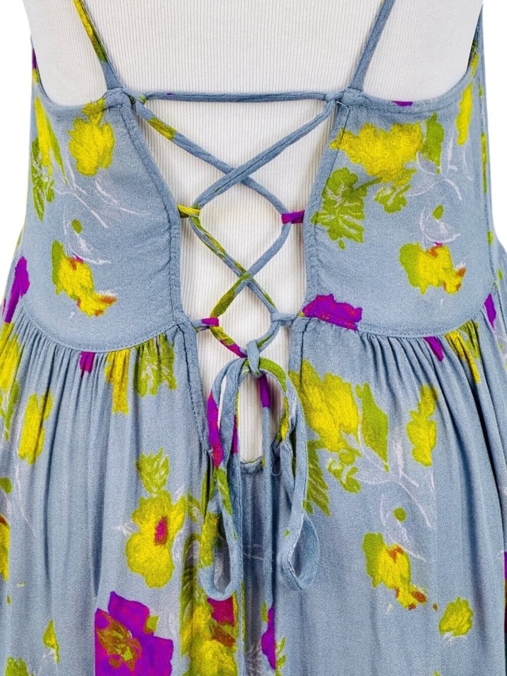 Free People Floral Strappy Lace Up Back Ruffle Hem Mini Dress S| Balletcore Boho - Picture 10 of 16